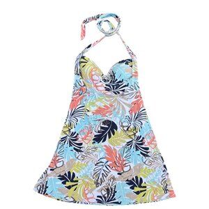 Tommy Bahamas Tropical Leaf Print Halter Dress with Padded Bodice & Adjustable N
